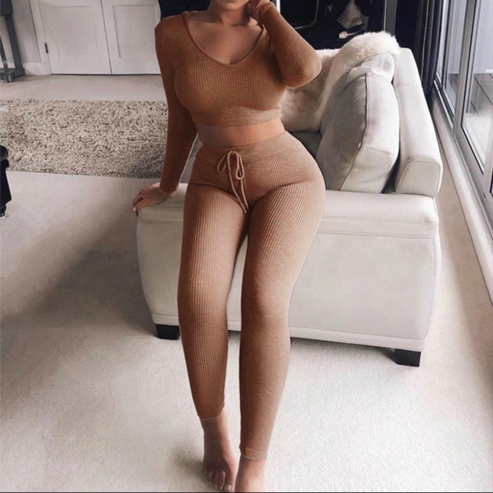 Knitted tracksuit camel tan beige 2 pcs L XL ONLY